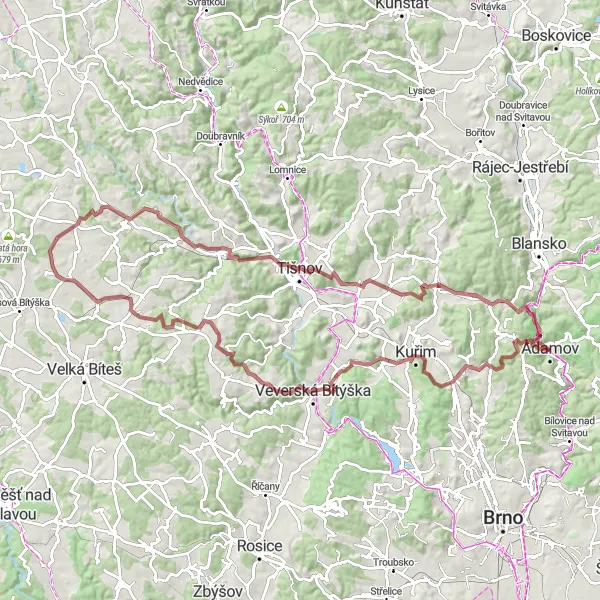 Miniatura mapy "Trasa na rowery górskie z Adamova do Adamova przez Svatá Kateřina" - trasy rowerowej w Jihovýchod, Czech Republic. Wygenerowane przez planer tras rowerowych Tarmacs.app