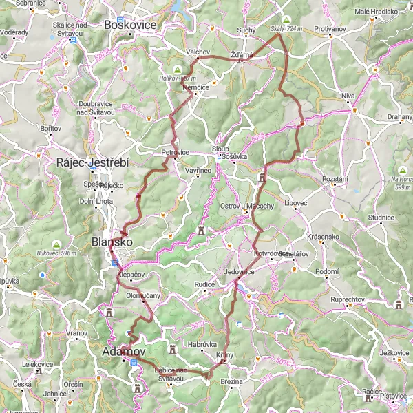 Miniatura mapy "Przez malownicze tereny Adamova na rowerze gravelowym" - trasy rowerowej w Jihovýchod, Czech Republic. Wygenerowane przez planer tras rowerowych Tarmacs.app