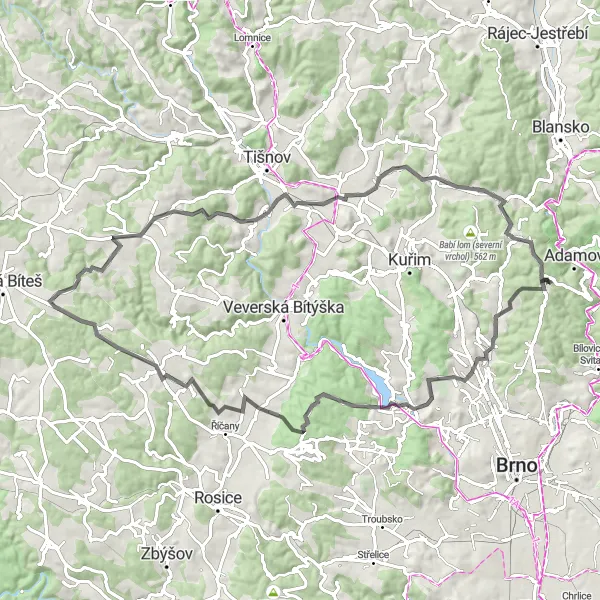 Miniaturní mapa "Silniční kruh kolem Adamova" inspirace pro cyklisty v oblasti Jihovýchod, Czech Republic. Vytvořeno pomocí plánovače tras Tarmacs.app