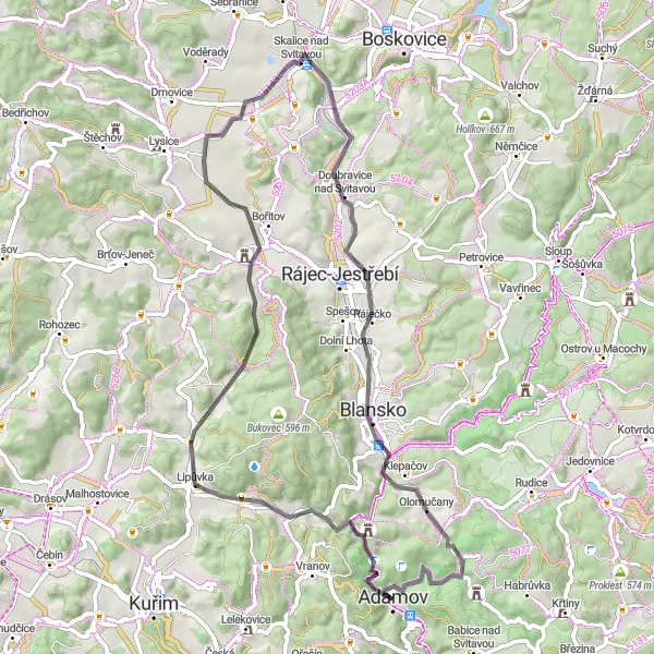 Miniaturní mapa "Trasa okolo Adamova" inspirace pro cyklisty v oblasti Jihovýchod, Czech Republic. Vytvořeno pomocí plánovače tras Tarmacs.app