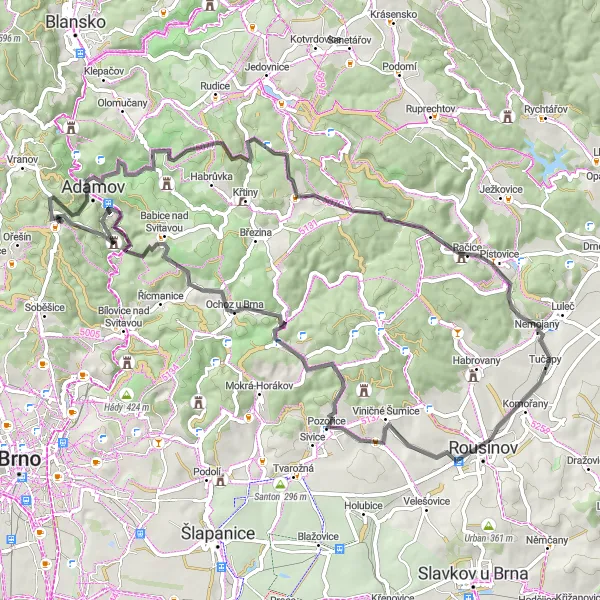 Miniaturní mapa "Okruh kolem Adamova přes Huť Františka" inspirace pro cyklisty v oblasti Jihovýchod, Czech Republic. Vytvořeno pomocí plánovače tras Tarmacs.app