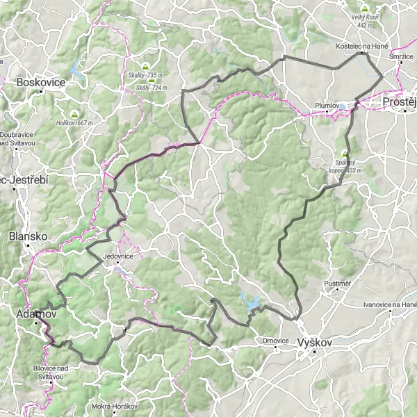 Miniatura mapy "Wyprawa przez urokliwe tereny Adamova" - trasy rowerowej w Jihovýchod, Czech Republic. Wygenerowane przez planer tras rowerowych Tarmacs.app