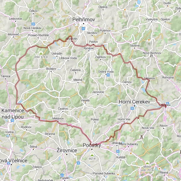 Mapa miniatúra "Gravelová prehliadka Švábova a Skály" cyklistická inšpirácia v Jihovýchod, Czech Republic. Vygenerované cyklistickým plánovačom trás Tarmacs.app