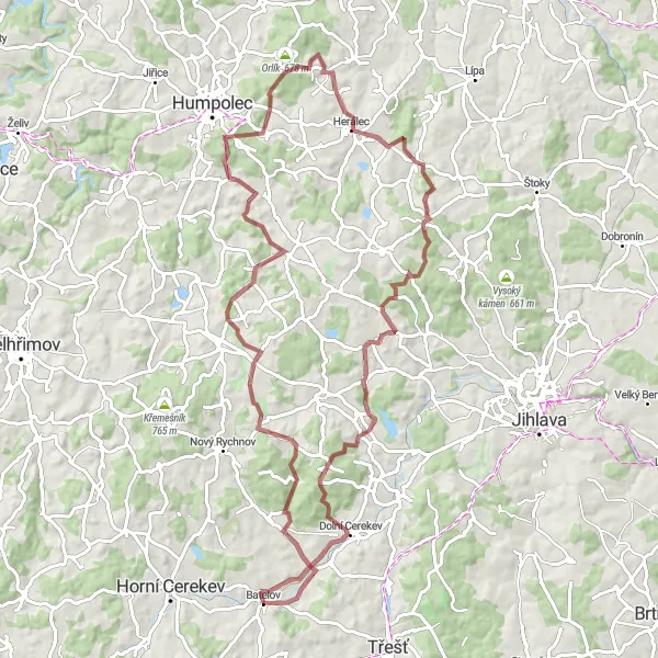 Miniaturní mapa "Zámky a kopce okolo Batelova" inspirace pro cyklisty v oblasti Jihovýchod, Czech Republic. Vytvořeno pomocí plánovače tras Tarmacs.app