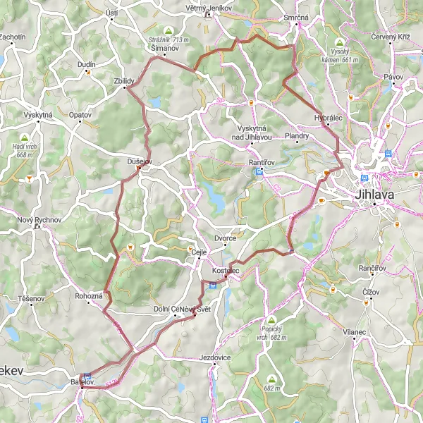 Miniaturní mapa "Okruh kolem Batelova" inspirace pro cyklisty v oblasti Jihovýchod, Czech Republic. Vytvořeno pomocí plánovače tras Tarmacs.app