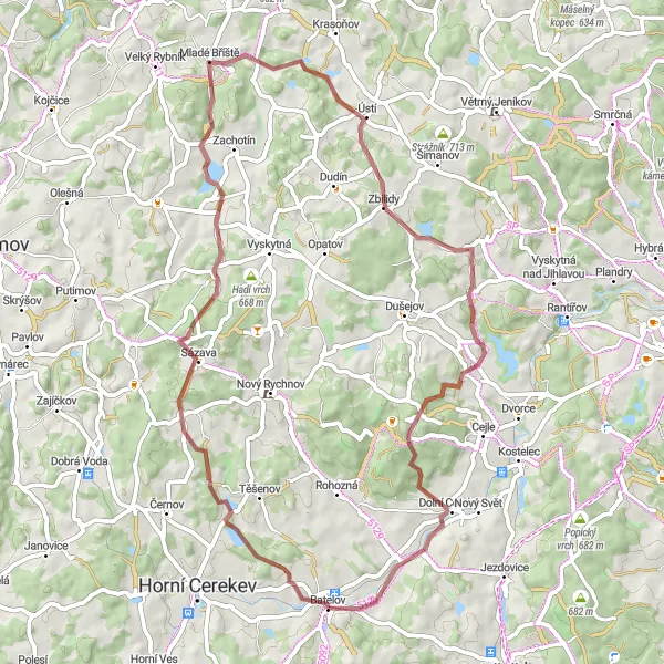 Mapa miniatúra "Trasa cez Křemešník a Staré Bříště" cyklistická inšpirácia v Jihovýchod, Czech Republic. Vygenerované cyklistickým plánovačom trás Tarmacs.app