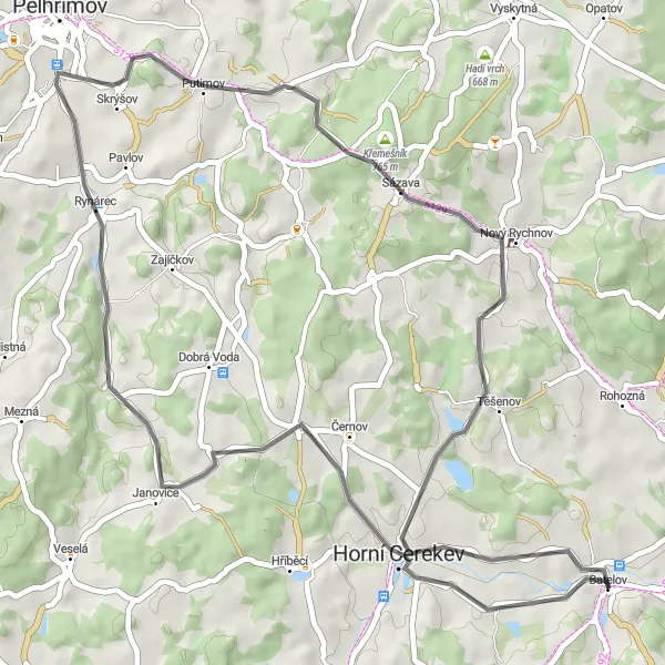 Miniaturní mapa "Cyklistická trasa v okolí Batelova" inspirace pro cyklisty v oblasti Jihovýchod, Czech Republic. Vytvořeno pomocí plánovače tras Tarmacs.app