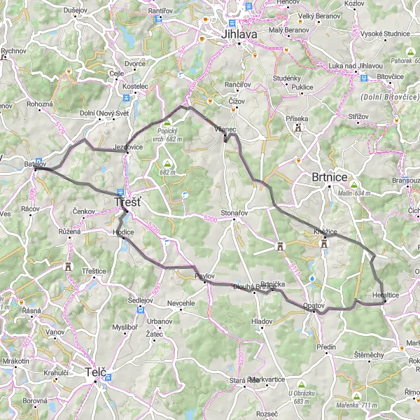 Map miniature of "Exploring the Countryside of Batelov" cycling inspiration in Jihovýchod, Czech Republic. Generated by Tarmacs.app cycling route planner