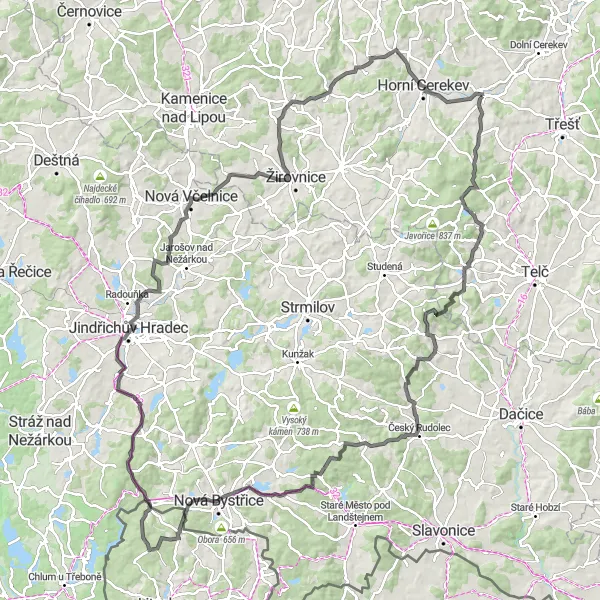Karten-Miniaturansicht der Radinspiration "Batelov - Matějovec - Nová Včelnice Rundfahrt" in Jihovýchod, Czech Republic. Erstellt vom Tarmacs.app-Routenplaner für Radtouren