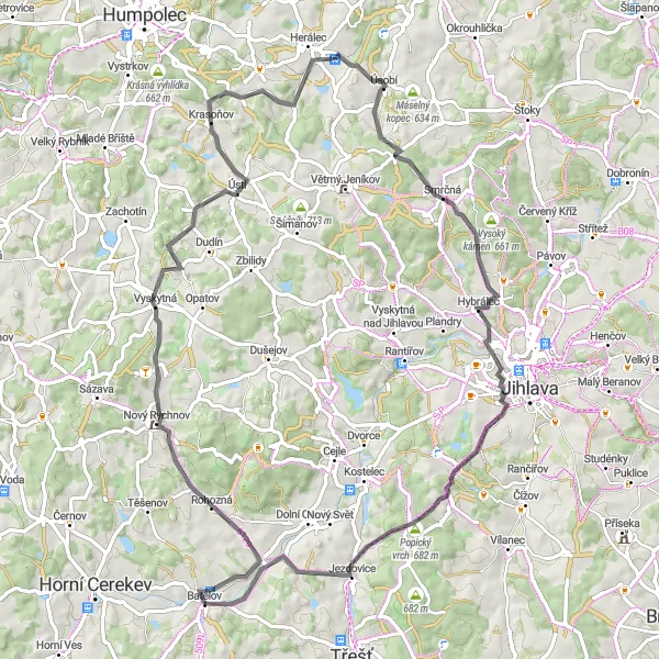 Mapa miniatúra "Zážitková cyklotúra okolo Batelova" cyklistická inšpirácia v Jihovýchod, Czech Republic. Vygenerované cyklistickým plánovačom trás Tarmacs.app