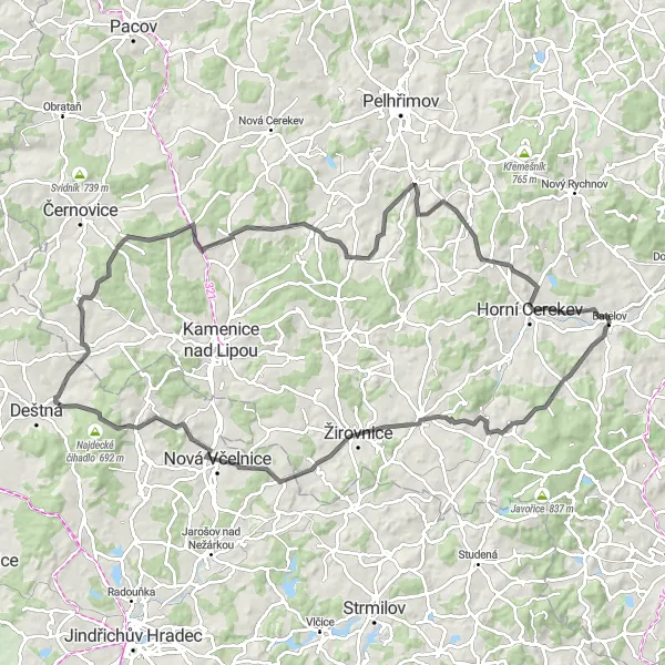 Miniaturní mapa "Cyklistická trasa okolo Batelova" inspirace pro cyklisty v oblasti Jihovýchod, Czech Republic. Vytvořeno pomocí plánovače tras Tarmacs.app