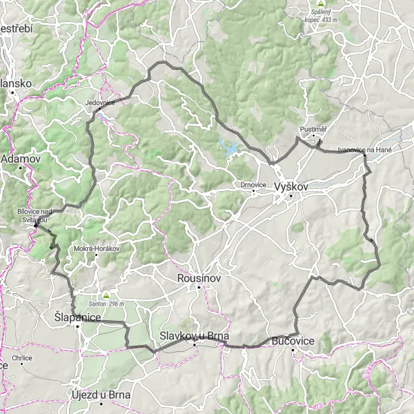 Miniaturní mapa "Road okruh kolem Bílovic nad Svitavou" inspirace pro cyklisty v oblasti Jihovýchod, Czech Republic. Vytvořeno pomocí plánovače tras Tarmacs.app