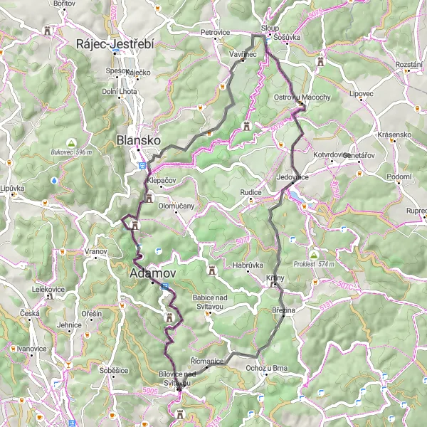 Miniaturní mapa "Silniční cyklotrasa okolo Bílovic nad Svitavou" inspirace pro cyklisty v oblasti Jihovýchod, Czech Republic. Vytvořeno pomocí plánovače tras Tarmacs.app