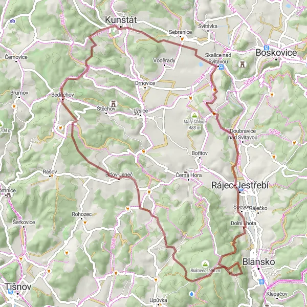 Miniaturní mapa "Gravel Kolo okolo Blanska" inspirace pro cyklisty v oblasti Jihovýchod, Czech Republic. Vytvořeno pomocí plánovače tras Tarmacs.app