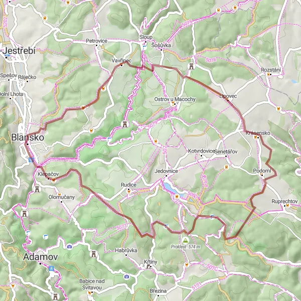 Map miniature of "Blansko - Podvrší - Vavřinec - Kojál - Krásensko - U zabitého - Proklest - Výrovka - Klepačov" cycling inspiration in Jihovýchod, Czech Republic. Generated by Tarmacs.app cycling route planner