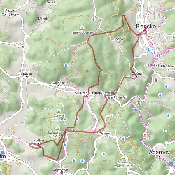 Map miniature of "Blansko - Bukovec - Šebrov-Kateřina - Opálenka - Olešná" cycling inspiration in Jihovýchod, Czech Republic. Generated by Tarmacs.app cycling route planner