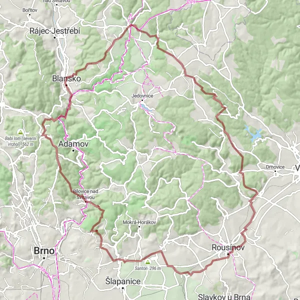 Miniaturní mapa "Gravelový okruh od Blanska" inspirace pro cyklisty v oblasti Jihovýchod, Czech Republic. Vytvořeno pomocí plánovače tras Tarmacs.app