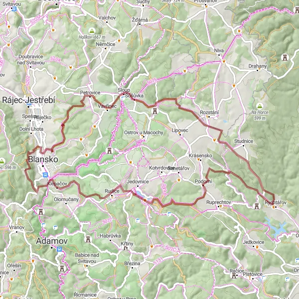 Mapa miniatúra "Gravelová trasa kolem Hořic" cyklistická inšpirácia v Jihovýchod, Czech Republic. Vygenerované cyklistickým plánovačom trás Tarmacs.app