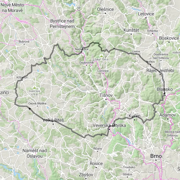 Miniaturní mapa "Cyklotrasa kolem Blanska a Velké Bíteše" inspirace pro cyklisty v oblasti Jihovýchod, Czech Republic. Vytvořeno pomocí plánovače tras Tarmacs.app