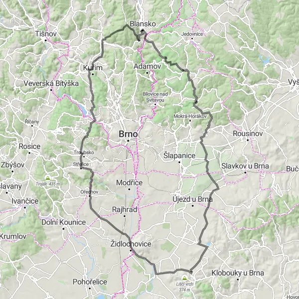 Karten-Miniaturansicht der Radinspiration "Charmante Straßenroute durch Blansko und Umgebung" in Jihovýchod, Czech Republic. Erstellt vom Tarmacs.app-Routenplaner für Radtouren