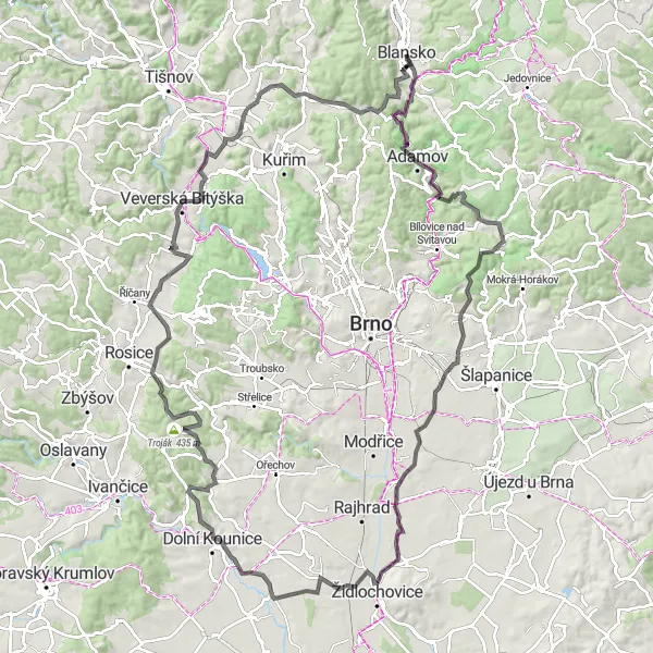 Map miniature of "Blansko - Klamova Hůť - Špičák - Kanice - Hornek - Chrlice - Němčičky - Silůvky - Vlčí kopec - Malhostovická pecka - Šebrov-Kateřina - Chateau Blansko" cycling inspiration in Jihovýchod, Czech Republic. Generated by Tarmacs.app cycling route planner