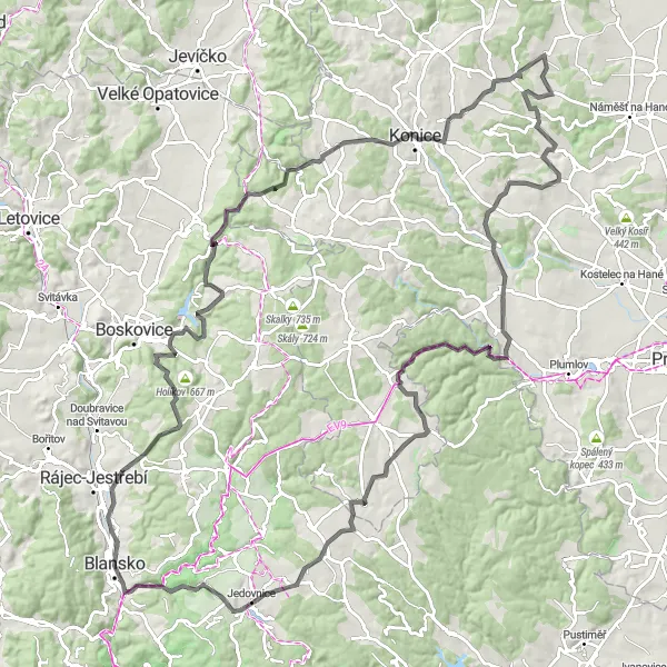 Mapa miniatúra "Kolem Blanska a okolních vesnic" cyklistická inšpirácia v Jihovýchod, Czech Republic. Vygenerované cyklistickým plánovačom trás Tarmacs.app