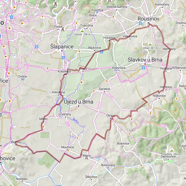 Miniaturní mapa "Gravel Ruta skrz malebná městečka" inspirace pro cyklisty v oblasti Jihovýchod, Czech Republic. Vytvořeno pomocí plánovače tras Tarmacs.app