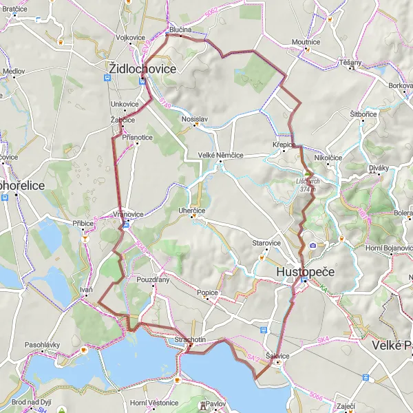 Miniatura mapy "Trasa gravelowa przez Křepice i Strachotín" - trasy rowerowej w Jihovýchod, Czech Republic. Wygenerowane przez planer tras rowerowych Tarmacs.app