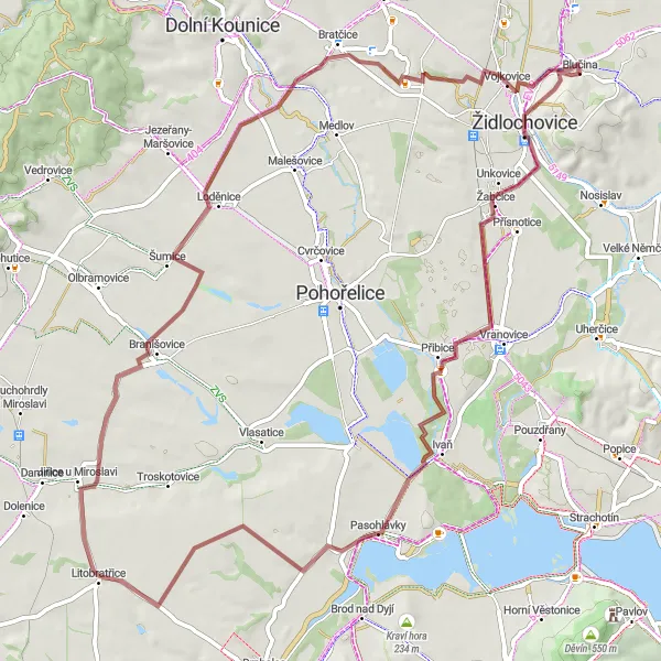 Miniaturní mapa "Gravelová trasa kolem Pasohlávek a Němčic" inspirace pro cyklisty v oblasti Jihovýchod, Czech Republic. Vytvořeno pomocí plánovače tras Tarmacs.app