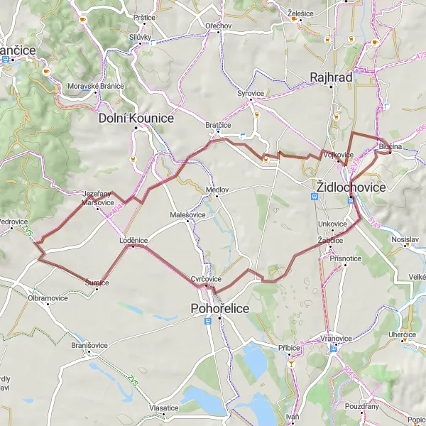 Miniaturní mapa "Gravel Ruta kolem historických památek" inspirace pro cyklisty v oblasti Jihovýchod, Czech Republic. Vytvořeno pomocí plánovače tras Tarmacs.app