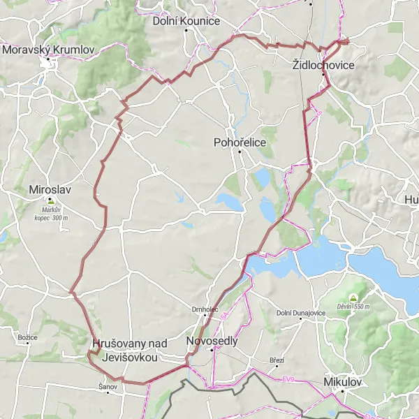 Miniaturní mapa "Gravel cesta kolem Pasohlávek" inspirace pro cyklisty v oblasti Jihovýchod, Czech Republic. Vytvořeno pomocí plánovače tras Tarmacs.app