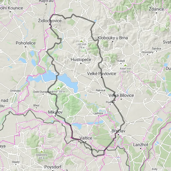 Miniaturní mapa "Cyklotrasa s výhledem na Kočičí skály" inspirace pro cyklisty v oblasti Jihovýchod, Czech Republic. Vytvořeno pomocí plánovače tras Tarmacs.app