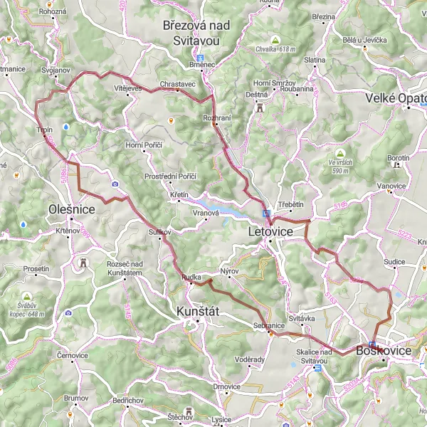 Miniaturní mapa "Gravelový okruh Boskovice - Sebranice" inspirace pro cyklisty v oblasti Jihovýchod, Czech Republic. Vytvořeno pomocí plánovače tras Tarmacs.app