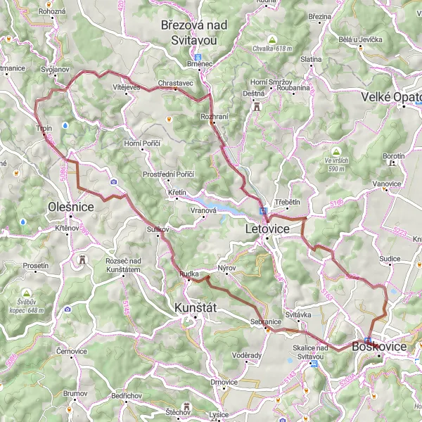 Karten-Miniaturansicht der Radinspiration "Boskovice - Chrastavec - Bačov - zámek Boskovice" in Jihovýchod, Czech Republic. Erstellt vom Tarmacs.app-Routenplaner für Radtouren