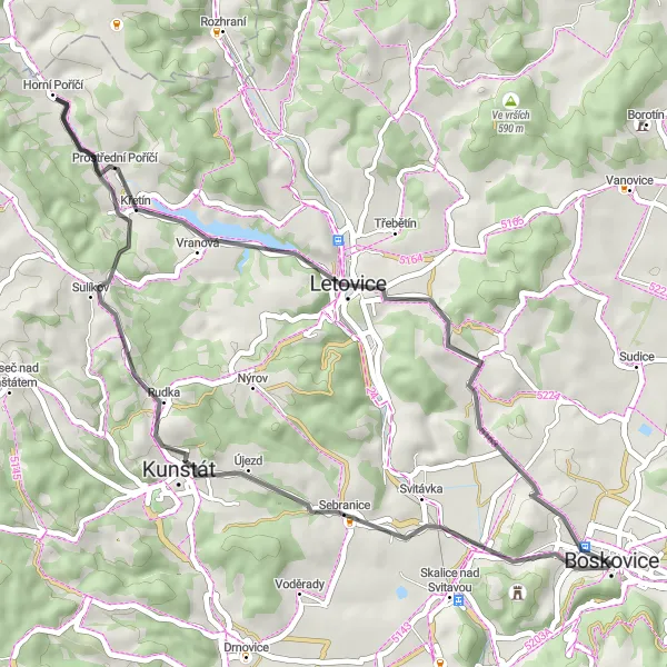 Karten-Miniaturansicht der Radinspiration "Kurze Road-Tour durch malerische Dörfer und Landschaften in der Nähe von Boskovice" in Jihovýchod, Czech Republic. Erstellt vom Tarmacs.app-Routenplaner für Radtouren