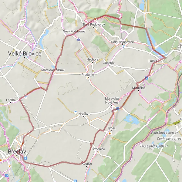 Miniaturní mapa "Gravelový okruh kolem Lužice" inspirace pro cyklisty v oblasti Jihovýchod, Czech Republic. Vytvořeno pomocí plánovače tras Tarmacs.app
