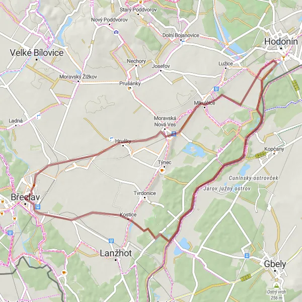 Mapa miniatúra "Gravelová cyklotrasa Kostice - Břeclav" cyklistická inšpirácia v Jihovýchod, Czech Republic. Vygenerované cyklistickým plánovačom trás Tarmacs.app