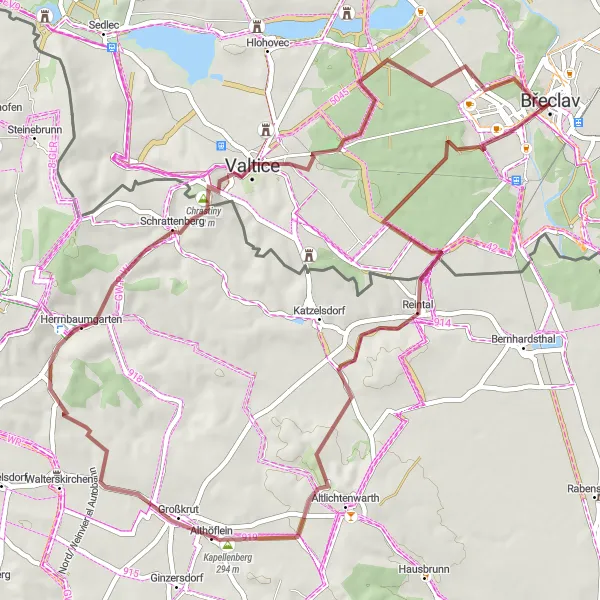 Miniaturní mapa "Gravel Route from Břeclav to Valtice" inspirace pro cyklisty v oblasti Jihovýchod, Czech Republic. Vytvořeno pomocí plánovače tras Tarmacs.app
