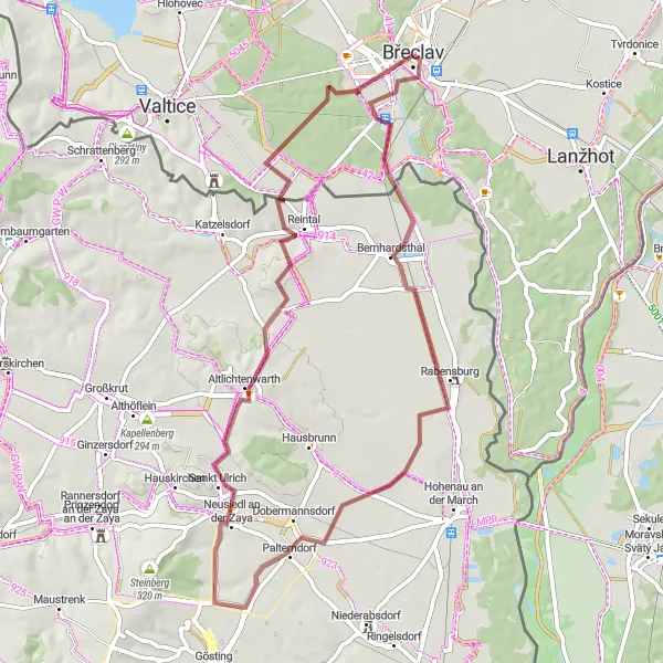 Miniaturní mapa "Okružní cyklistická trasa z Břeclavi" inspirace pro cyklisty v oblasti Jihovýchod, Czech Republic. Vytvořeno pomocí plánovače tras Tarmacs.app