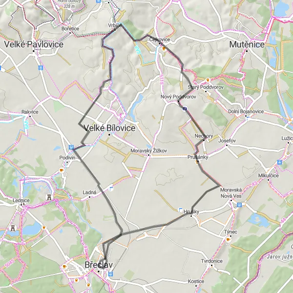 Karten-Miniaturansicht der Radinspiration "Durch die Weinberge und Dörfer" in Jihovýchod, Czech Republic. Erstellt vom Tarmacs.app-Routenplaner für Radtouren