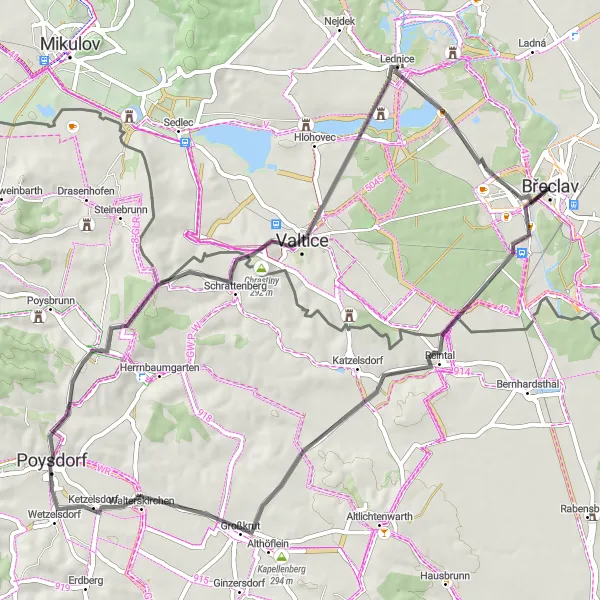 Miniaturní mapa "Výlet po hradech a zámcích kolem Lednice" inspirace pro cyklisty v oblasti Jihovýchod, Czech Republic. Vytvořeno pomocí plánovače tras Tarmacs.app