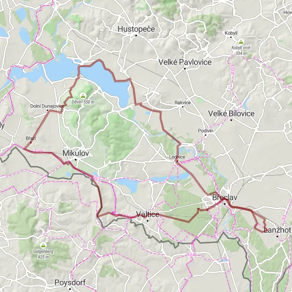 Miniaturní mapa "Okruh s výhledovými vrcholy kolem Březí" inspirace pro cyklisty v oblasti Jihovýchod, Czech Republic. Vytvořeno pomocí plánovače tras Tarmacs.app