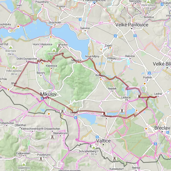Miniaturní mapa "Gravel okruh s výhledem na Pálavu" inspirace pro cyklisty v oblasti Jihovýchod, Czech Republic. Vytvořeno pomocí plánovače tras Tarmacs.app