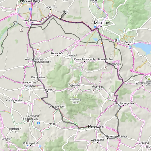 Map miniature of "Drasenhofen to Dobré Pole Circuit" cycling inspiration in Jihovýchod, Czech Republic. Generated by Tarmacs.app cycling route planner