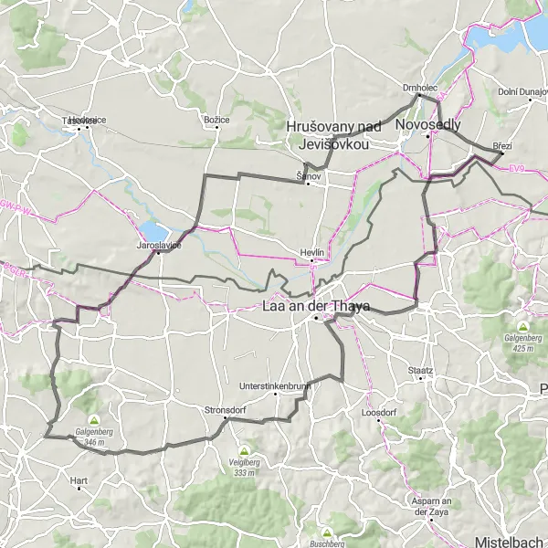 Miniaturní mapa "Cyklotrasa kolem Hrušovan nad Jevišovkou" inspirace pro cyklisty v oblasti Jihovýchod, Czech Republic. Vytvořeno pomocí plánovače tras Tarmacs.app