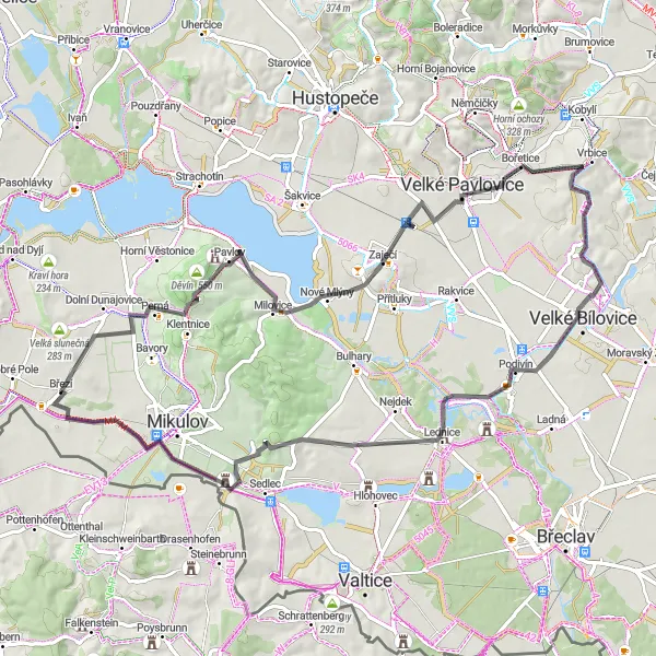 Miniaturní mapa "Road okruh s výhledem na Pálavu" inspirace pro cyklisty v oblasti Jihovýchod, Czech Republic. Vytvořeno pomocí plánovače tras Tarmacs.app