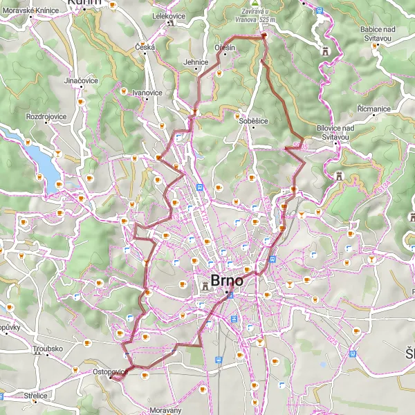 Mapa miniatúra "Gravelové trasy kolem Brna - Jihovýchod" cyklistická inšpirácia v Jihovýchod, Czech Republic. Vygenerované cyklistickým plánovačom trás Tarmacs.app