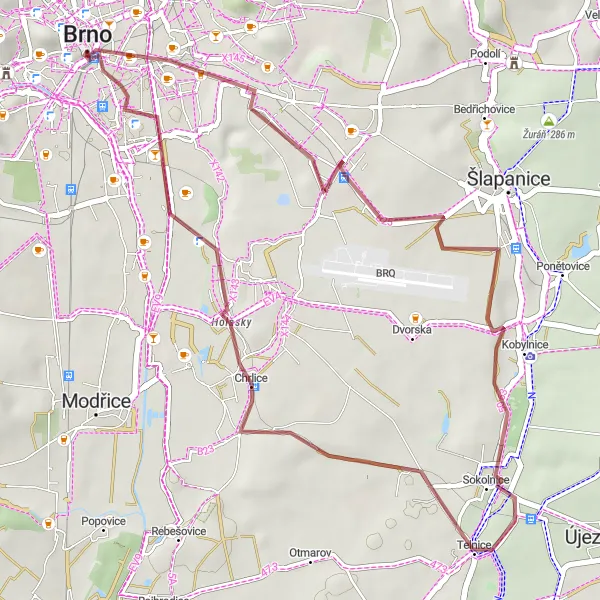 Miniaturní mapa "Gravel Escape Around Brno" inspirace pro cyklisty v oblasti Jihovýchod, Czech Republic. Vytvořeno pomocí plánovače tras Tarmacs.app