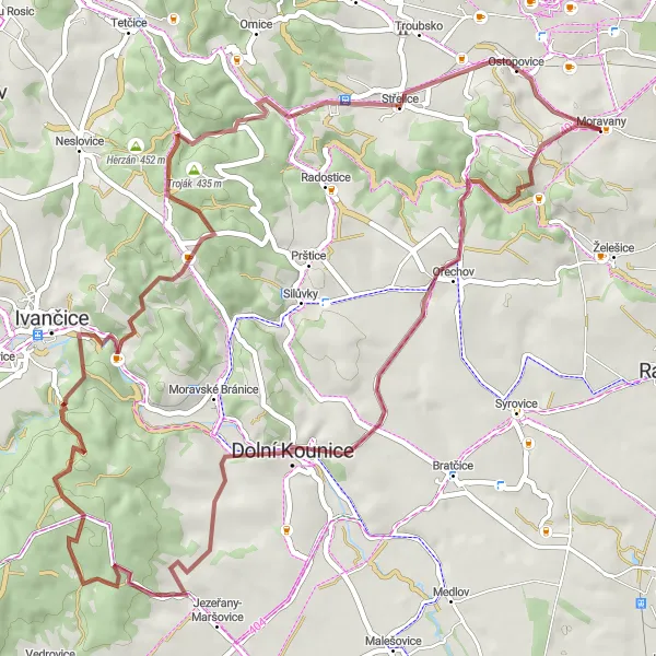 Mapa miniatúra "Gravelová výletka kolem Brna" cyklistická inšpirácia v Jihovýchod, Czech Republic. Vygenerované cyklistickým plánovačom trás Tarmacs.app