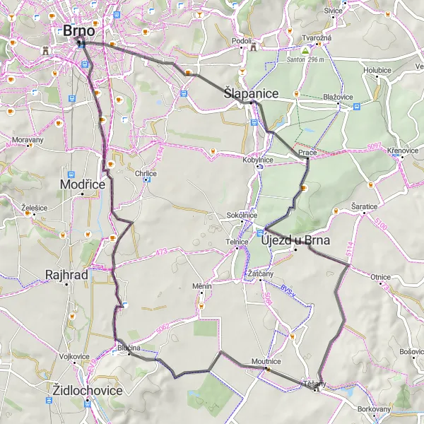 Miniatura mapy "Trasa Brno - Stránská skála - Ponětovice - Těšany - Opatovice - věž Staré radnice - Brno Underground" - trasy rowerowej w Jihovýchod, Czech Republic. Wygenerowane przez planer tras rowerowych Tarmacs.app